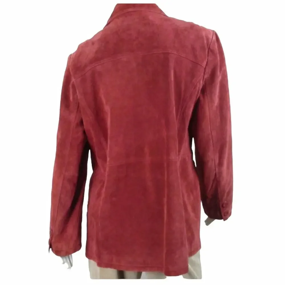 BERNARDO Vintage Red Leather Suede Coat Size L Hip Length Blazer Style Jacket